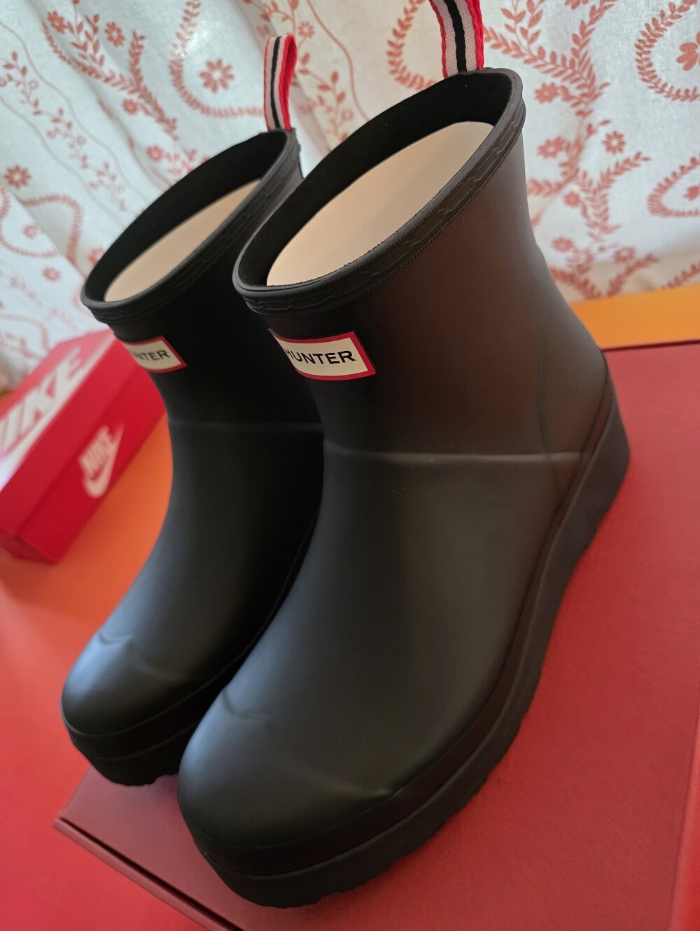 Hunter Black Short Rain Boots with Red-Trim Pull Tabs